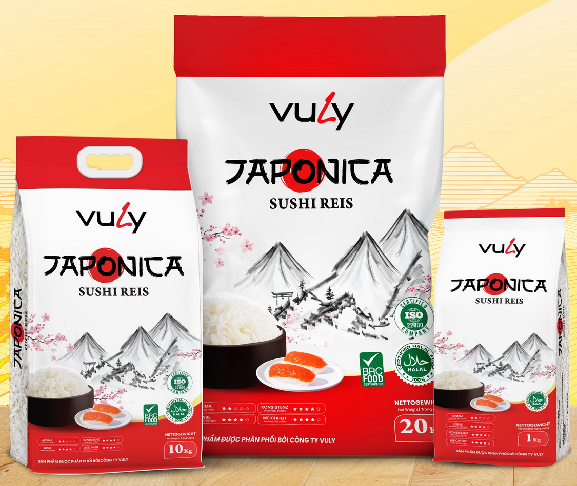 Vuly Japonica Sushi-Reis in 10 kg, 20 kg und 1 kg Packungen