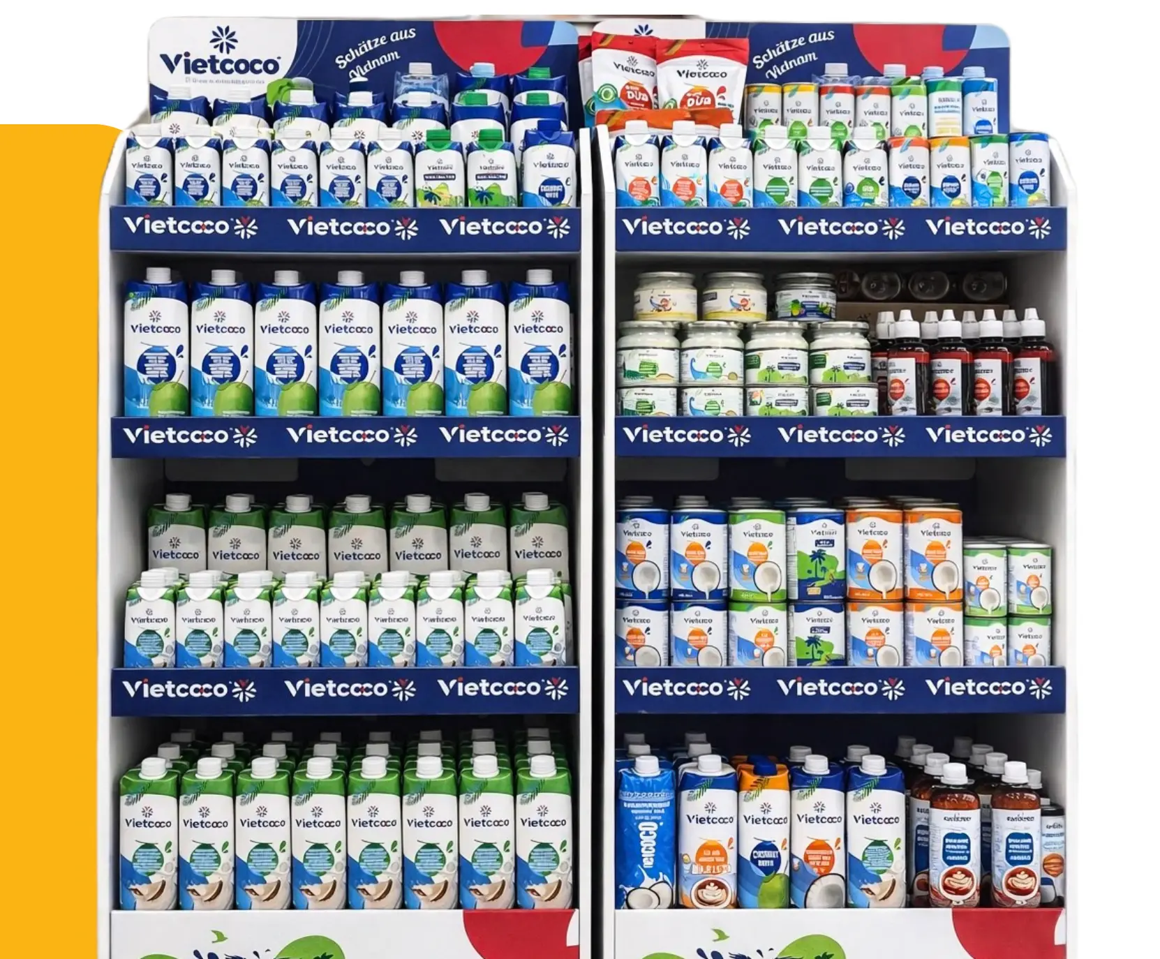 Vietcoco-Produkte im Regal: Kokoswasser, Kokosmilch und Kokosdrinks